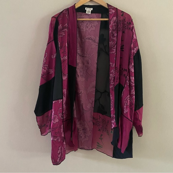 Units Sweaters - Vintage Units Silk Blend Purple Magenta Patchwork Kimono Cardigan Boho Sz. LARGE